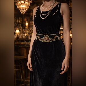 Vintage LaRegale Hand-Beaded Art Deco Belt Black Gold Burgundy Statement Sash